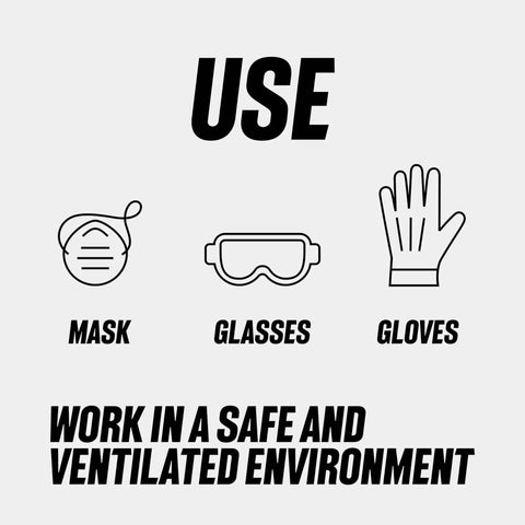 Safety icons for mask, glasses, and gloves with text 'Use in a safe and ventilated environment' instructions.
