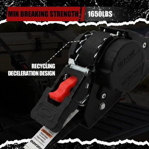 Close-up of 4 Pack Auto-Retractable Ratchet Tie Downs 1 Inch by 12 Foot Cargo Straps showcasing red release button and brake design.