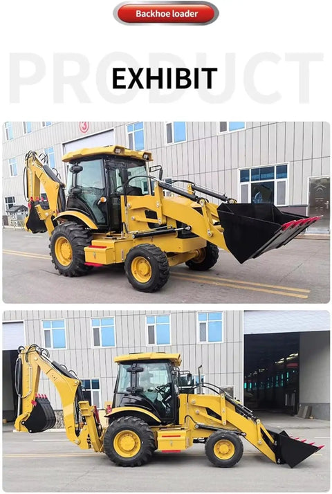 Compact Backhoe Loader With Front Loader And Rear Excavator Arm Towable Mini Wheel Digger For Construction Farm And Rural Projects on display