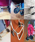 Collage of six shopping trolleys with Two Pack 5 Inch Diameter Rubber Foam Shopping Cart Wheels Replacement for grocery carts.