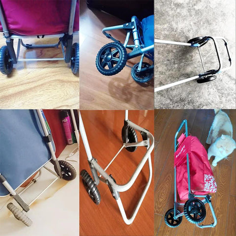 Collage of six shopping trolleys with Two Pack 5 Inch Diameter Rubber Foam Shopping Cart Wheels Replacement for grocery carts.