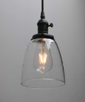 Industrial Pendant Ceiling Light In Black Finish With 5.7 Inch Oval Glass Shade, E26 Socket, lit bulb visible, hand-blown glass look