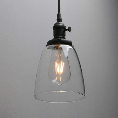 Industrial Pendant Ceiling Light In Black Finish With 5.7 Inch Oval Glass Shade, E26 Socket, lit bulb visible, hand-blown glass look