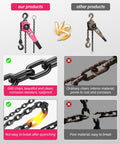 Comparison of Lever Chain Hoist One And A Half Ton Capacity With Ten Foot Lift And Dual Heavy Duty Hooks Manganese Steel G80 Chain in pink vs other product.