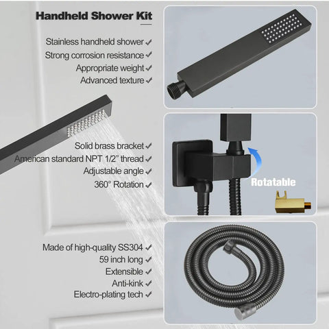 Heavy Duty Matte Black Shower Faucet Set With Swanky Rain Shower System And High Pressure Handheld Square Shower Head Wall Mounted Bathroom Combo Kit Built Straight Up Solid To Guarantee Zero Sweat And Smooth Shower Sessions For Years