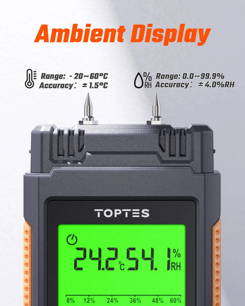 Wood Moisture Meter Handheld Digital Moisture Tester With Two And A Quarter Inch LCD Display showing ambient data.