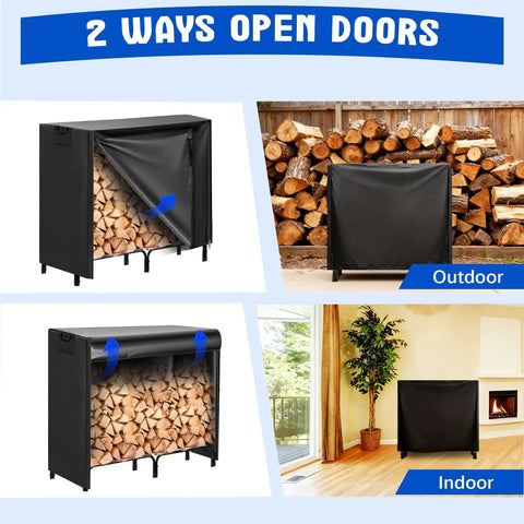 Heavy Duty 4 Foot Firewood Rack Cover Waterproof 600D Outdoor Storage With Zipper and Hook Loop Tape in use both indoors and outdoors