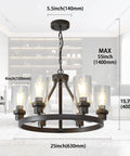 Farmhouse Round 6-Light Chandelier In Oil Rubbed Bronze With Glass Shade dimensions shown, hanging in a modern setting.