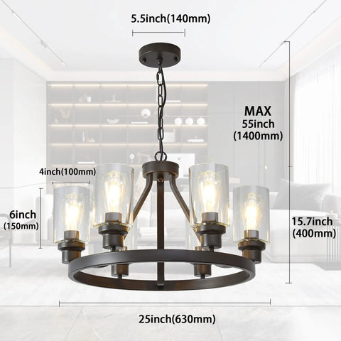 Farmhouse Round 6-Light Chandelier In Oil Rubbed Bronze With Glass Shade dimensions shown, hanging in a modern setting.