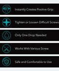 ScrewGrab Friction Gel For Stripped Screws application benefits highlighting grip, ease, efficiency, versatility, and safety features.