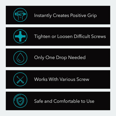 ScrewGrab Friction Gel For Stripped Screws application benefits highlighting grip, ease, efficiency, versatility, and safety features.