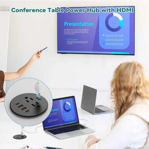 Flush Mount Desk Power Grommet With Two Outlet Jacks And Four Usb Ports Including Dual PD Fast Chargers Plus HDMI Connectivity And A Low Profile Plug For Office Desks And Cabinets A Straight Up Game Changer For Slick Workspace Organization in a conference setup.