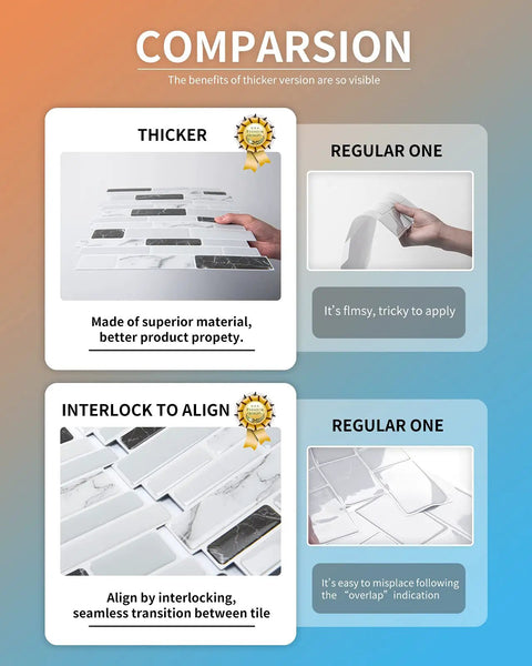 Thick 2mm To 2.5mm Peel And Stick Marble Backsplash Tiles 12x12 10 Pack With 3x Stronger Adhesive comparison with regular tiles.