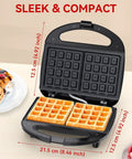 2-Slice Nonstick Waffle Maker With Indicator Lights, Fast 750W Heating for Quick Grab-and-Go Mornings, open with waffles visible