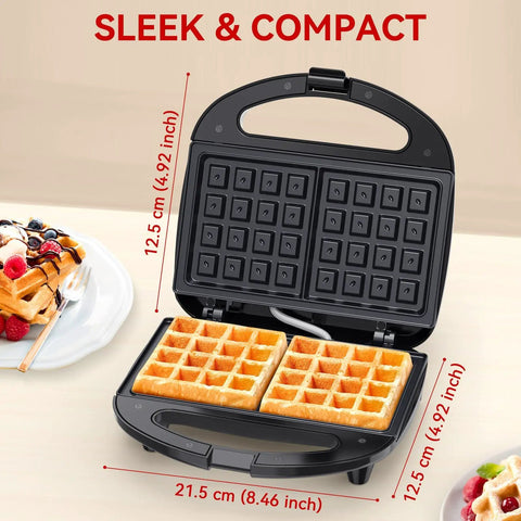2-Slice Nonstick Waffle Maker With Indicator Lights, Fast 750W Heating for Quick Grab-and-Go Mornings, open with waffles visible