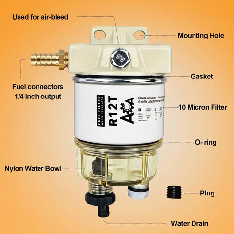 R12T Marine Fuel Water Separator Kit For One Quarter NPT Outboard Motors Fits Gasoline And Diesel Engines Replaces S3240 120AT RK10222