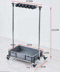 Heavy Duty Floor Standing Mop Hanger And Broom Rack For Garage And Garden Tool Organization Movable Cleaning Cart Closet Storage Stand Durable Steel Build, steel construction with wheels and dimensions marked.