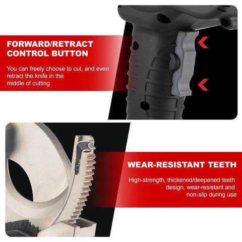 Close-up of heavy duty hydraulic electric ratchet cable cutter's forward/retract control button and wear-resistant teeth.