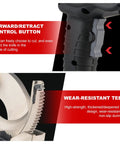 Close-up of Cordless Hydraulic Cable Cutter With Dual Batteries, showing forward/retract control button and wear-resistant teeth.