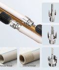 Pro 3 Piece Pvc Pipe Threader Kit For 1/2, 3/4 And 1 Inch Pvc Plastic Pipes showing threading tool on pipe.