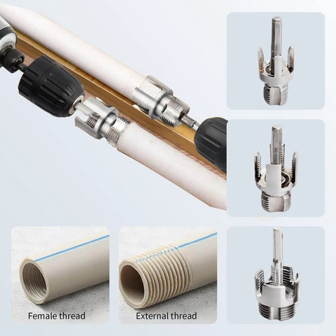 Pro 3 Piece Pvc Pipe Threader Kit For 1/2, 3/4 And 1 Inch Pvc Plastic Pipes showing threading tool on pipe.