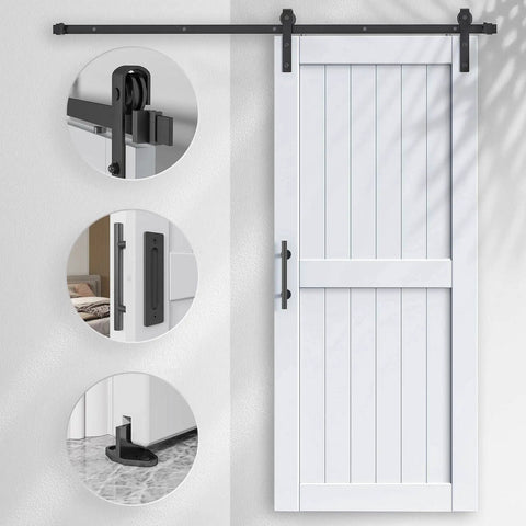 Slick White Barn Door With Solid Wood Core And Waterproof Vinyl Panel Including H Frame Sliding Hardware Kit Plus Handle, 36x84 inches.