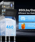 Commercial Ice Machine Delivers 850 Lbs Per Day, 460 Lbs Ice Storage, Heavy Duty Workhorse Ice Maker With 5 To 15 Minute Ice Readiness, Self Cleaning Mode, Timed Function, 30 Levels Of Ice Thickness, Stainless Steel, front view showing ice storage and display panel.