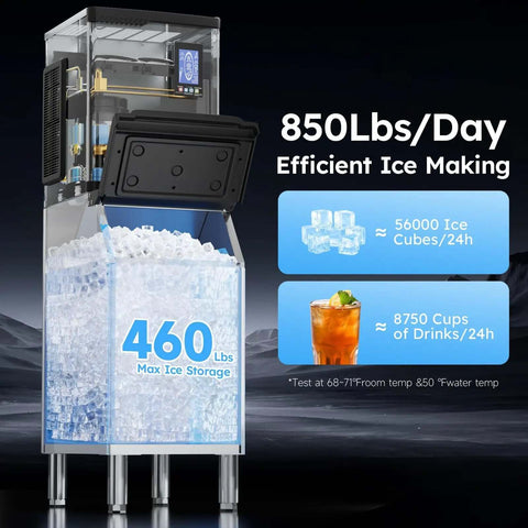 Commercial Ice Machine Delivers 850 Lbs Per Day, 460 Lbs Ice Storage, Heavy Duty Workhorse Ice Maker With 5 To 15 Minute Ice Readiness, Self Cleaning Mode, Timed Function, 30 Levels Of Ice Thickness, Stainless Steel, front view showing ice storage and display panel.