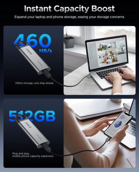512GB Portable SSD With 460MB/s Speed, Hook Design External Drive connected to laptop and smartphone