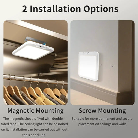 USB C Rechargeable Motion Sensor Ceiling Light 550LM With Remote shown with magnetic and screw mounting options