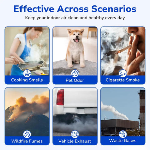 Image showing scenarios where Replacement Filter A For Winix PlasmaWave improves air: cooking smells, pet odor, smoke, fumes, exhaust.