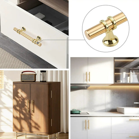 Gold Cabinet Pulls 5 Inch 30 Pack Heavy Duty Rust Resistant Drawer Handles Zinc Alloy Hardware on white and wood cabinets
