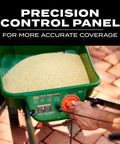 Close-up of Turf Builder EdgeGuard Mini Broadcast Spreader control panel with hand adjusting knob, filled with yellow fertilizer.