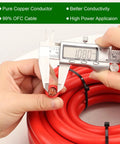 Beefy 1/0 AWG Battery Cable 5ft Red And 5ft Black Heavy Duty Welding Cable, Flexible Stranded Oxygen-Free Copper Wire For Automotive, Inverter, Solar, Marine, Generator, 600V, High Conductivity, red cable cross-section measured with caliper