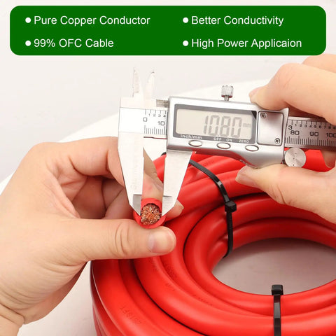 Beefy 1/0 AWG Battery Cable 5ft Red And 5ft Black Heavy Duty Welding Cable, Flexible Stranded Oxygen-Free Copper Wire For Automotive, Inverter, Solar, Marine, Generator, 600V, High Conductivity, red cable cross-section measured with caliper