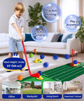 Child playing with Toddler Golf Set With Putting Mat And Cornhole Board For Kids Aged 3 To 5 Includes 4 Lightweight Clubs 10 Balls