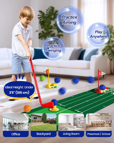 Child playing with Toddler Golf Set With Putting Mat And Cornhole Board For Kids Aged 3 To 5 Includes 4 Lightweight Clubs 10 Balls