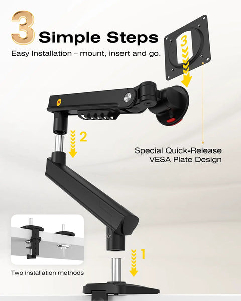 Single Monitor Mount For Up To 32 Inch Screens With Mechanical Spring Arm VESA 75x75 Or 100x100 Space Saving Computer Monitor Stand Model A5 Black 2026 Upgrade No Gas Sag Secure And Solid with clamp and grommet installation options.