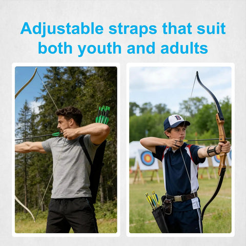 Archers using back hip arrow quiver for recurve and compound bow, adjustable for youth and adults, outdoors with target in background.