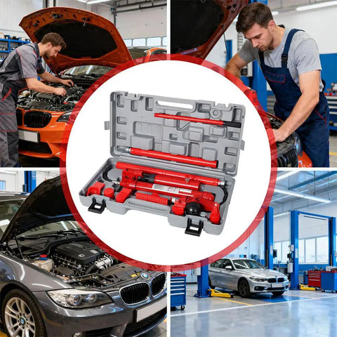 Heavy Duty 10 Ton Porta Power Kit With Hydraulic Pump And Ram Jack Repair Set For Auto Body Frame Work in compact case, ready for use.