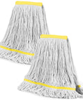 Looped End Commercial Mop Replacement Head 2 Pack Heavy Duty String Wet Refill For Industrial Floor Cleaning Universal Fit For Side Loading And Clamp Style Handles Yellow showing two white mop heads with yellow banding