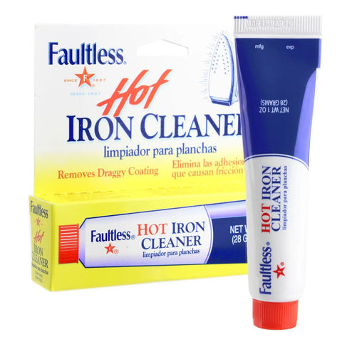 Hot Iron Cleaner For Stubborn Residue While You Press, 1oz bottle shown with packaging, removes melted fabric from soleplate