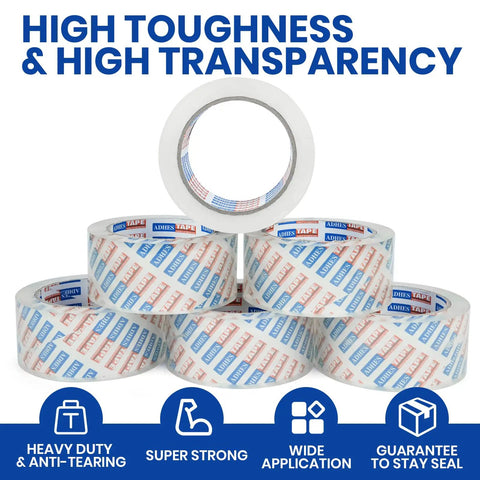 Rock Solid Heavy Duty Crystal Clear Packing Tape With Badass Industrial Adhesion, stacked rolls showcasing high strength and transparency.