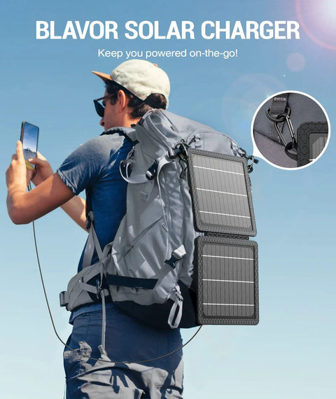 Hiker using On The Go 10W Foldable Solar Charger With USB C And USB A Outputs IPX4 Waterproof Portable Solar Panel on backpack