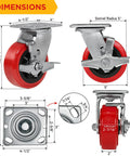 5 Inch Polyurethane Caster Set Of 4 Heavy Duty 3200 Lb Capacity dimensions and features, showing swivel and rigid casters