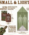 Survival Tent For Two Packable Emergency Shelter Made From Thick Mylar Space Blanket Reflective Heat Waterproof Camo Tube Tent, dimensions and packaging