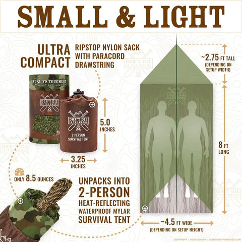 Survival Tent For Two Packable Emergency Shelter Made From Thick Mylar Space Blanket Reflective Heat Waterproof Camo Tube Tent, dimensions and packaging