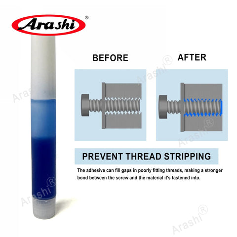 Blue Medium Strength Thread Locker For Bolts And Screws That Keeps Bolts Locked On Vibration, 2ml Adhesive Gel in tube, before after effect shown