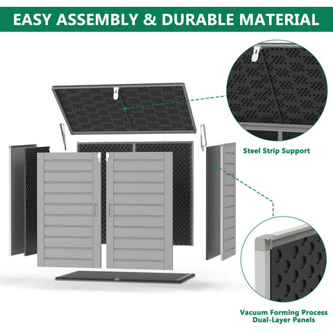 Exploded view of Horizontal Outdoor Storage Shed With Double Lockable Doors 4.6 Ft By 4.1 Ft Resin Construction assembly details
