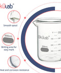 Low Form 500mL Glass Beaker Set 6 Pack Pro Grade Borosilicate 3.3 Beakers For Lab Classroom Craft And Kitchen Use shown with features.